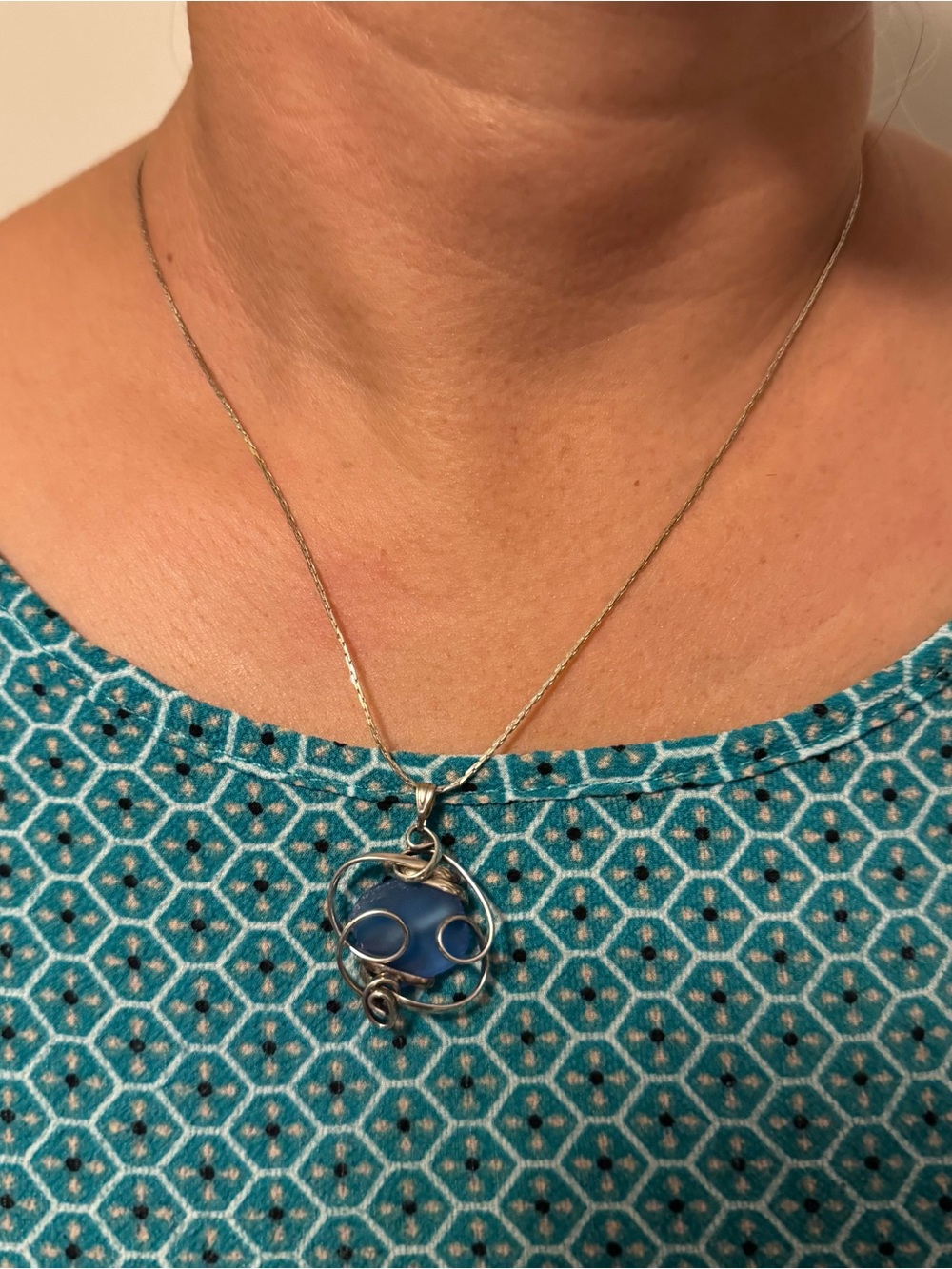 Handmade Unique Silver Tone Wire Wrapped Blue Sea Glass 18"Sterling Silver Chain